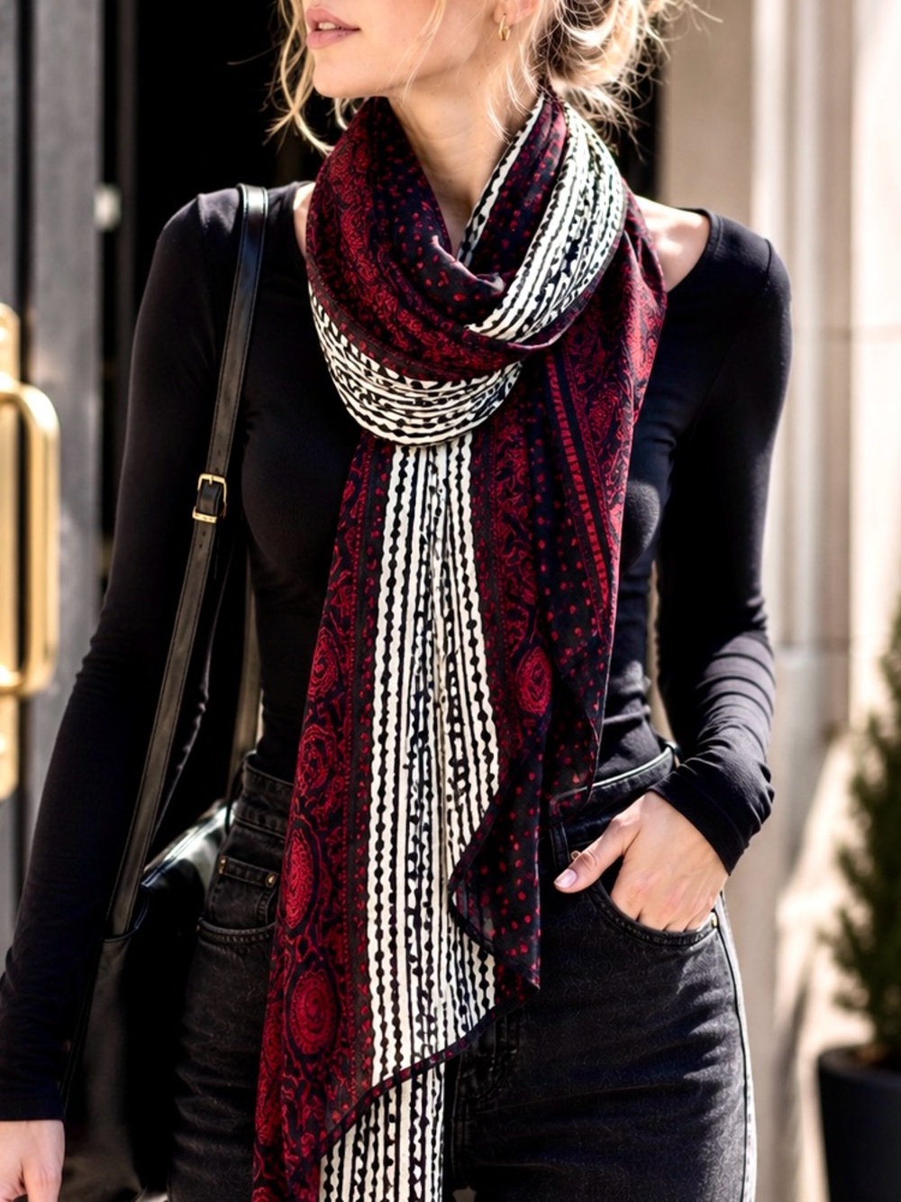 BP Boho Mixed Print Lightweight Scarf Wrap Shawl Black Red Ivory